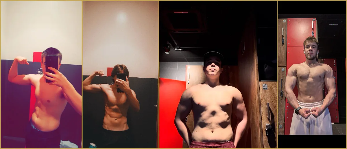 Évolution physique de Sullivan en quatre étapes : à 16 ans, à 47 kg, après une prise de masse sans structure, aujourd'hui à 72 kg